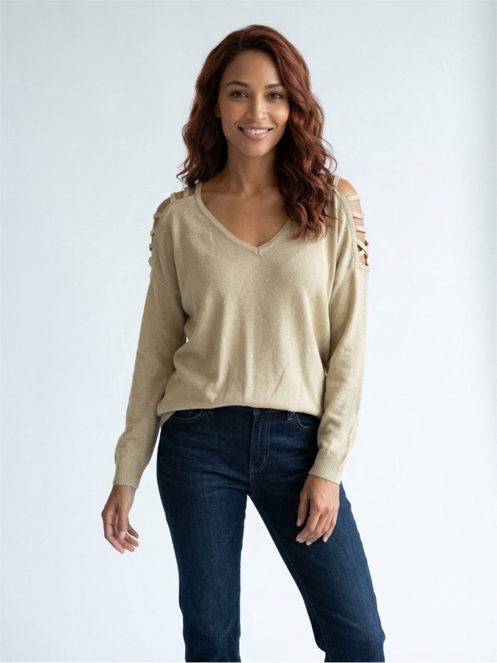 Boston Proper Gold XL Cold-Shoulder V-Neck Sweater